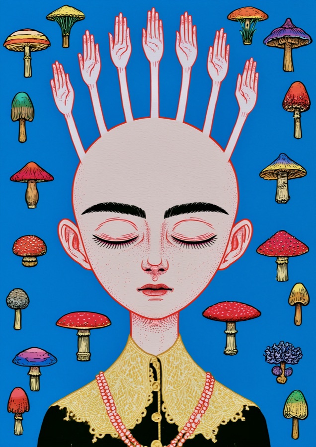 A closed-eyed figure crowned with hands, surrounded by colorful mushrooms on blue