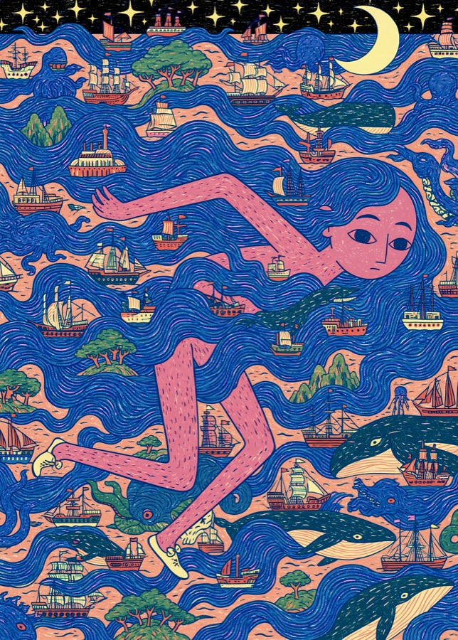 A pink swimmer among blue waves, sailing ships, whales, and a crescent moon