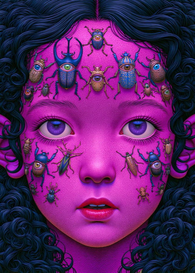 A vivid magenta face with purple eyes, dark flowing hair, and jewel-colored beetles