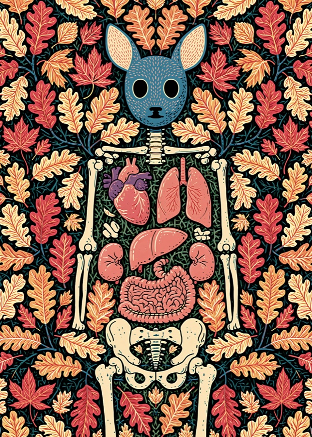 A teal animal-headed anatomical figure surrounded by red and golden leaves