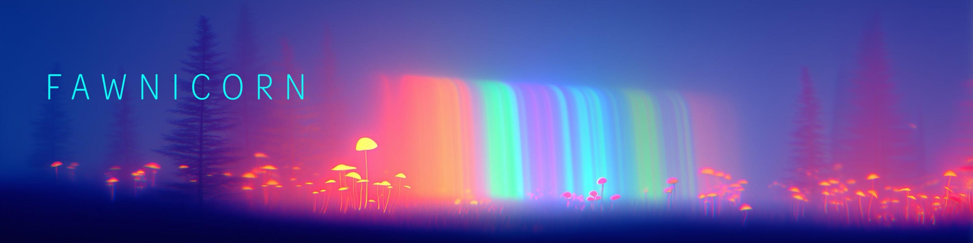A luminous rainbow waterfall in an enchanted blue forest, with FAWNICORN lettering